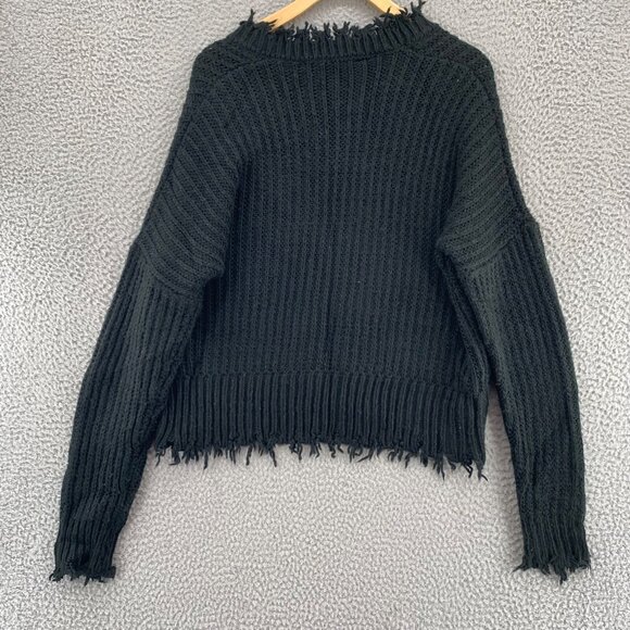 HYFVE Sweater Womens Medium Black Chunky Knit Frayed Hem V Neck Pullover Boho - Picture 3 of 10